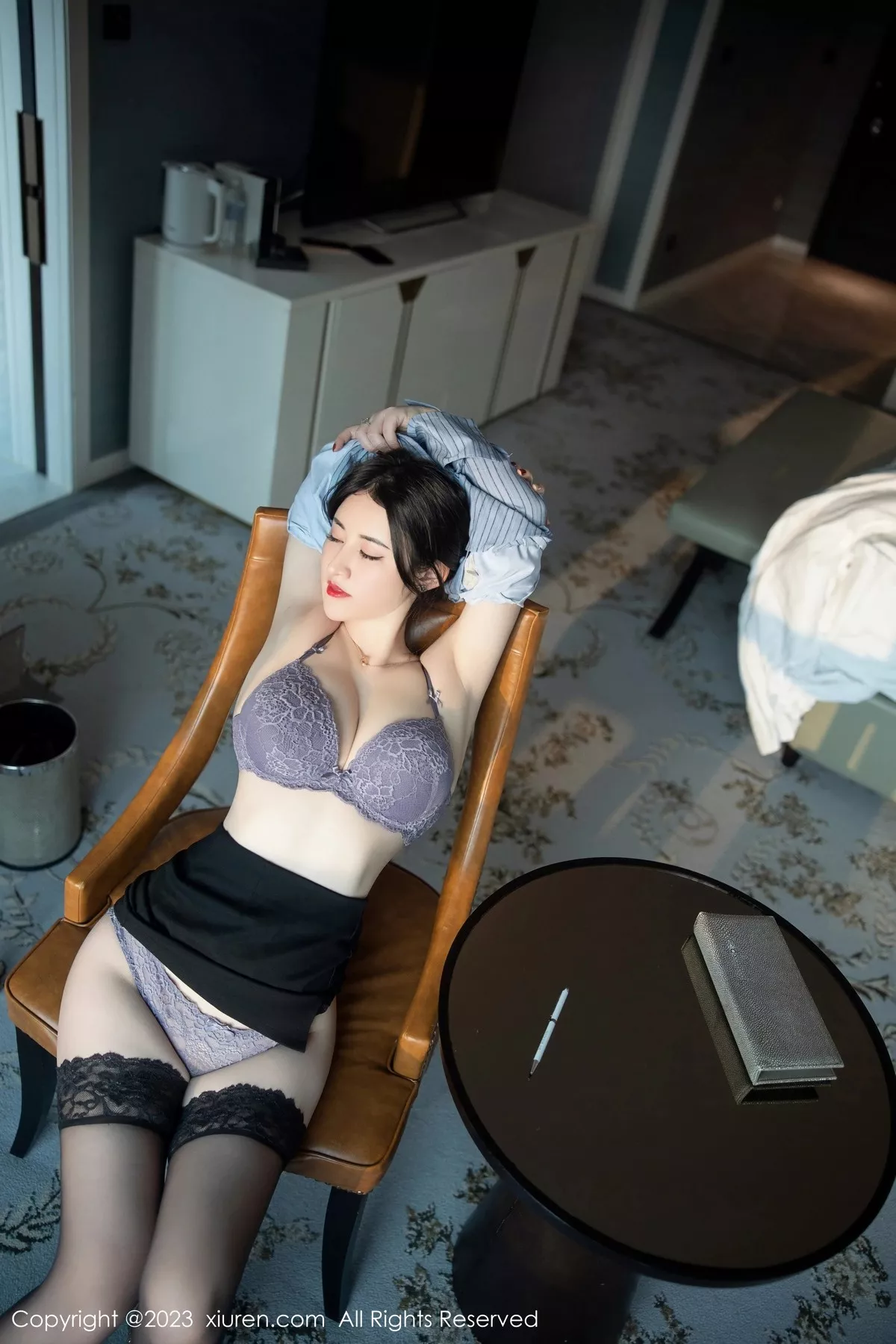 秀人集.com_[XiuRen秀人网]No.6343_模特诗诗kiki条纹T恤配黑短裙露性感蕾丝内衣魅惑黑丝诱惑写真78P