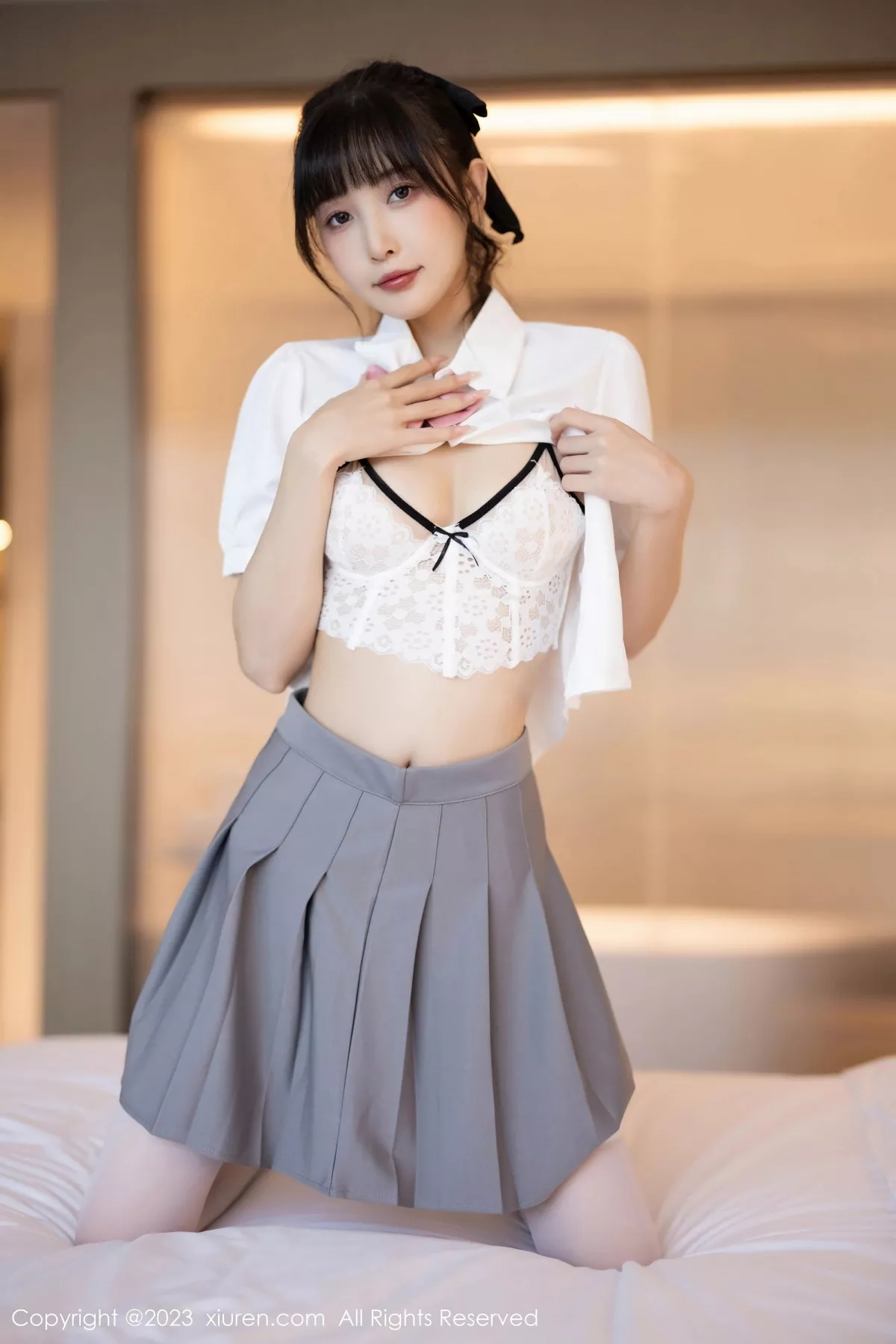 秀人集.com_[XiuRen秀人网]No.7771_模特林星阑性感白T配灰短裙露白色蕾丝内衣秀曼妙身姿诱惑写真83P