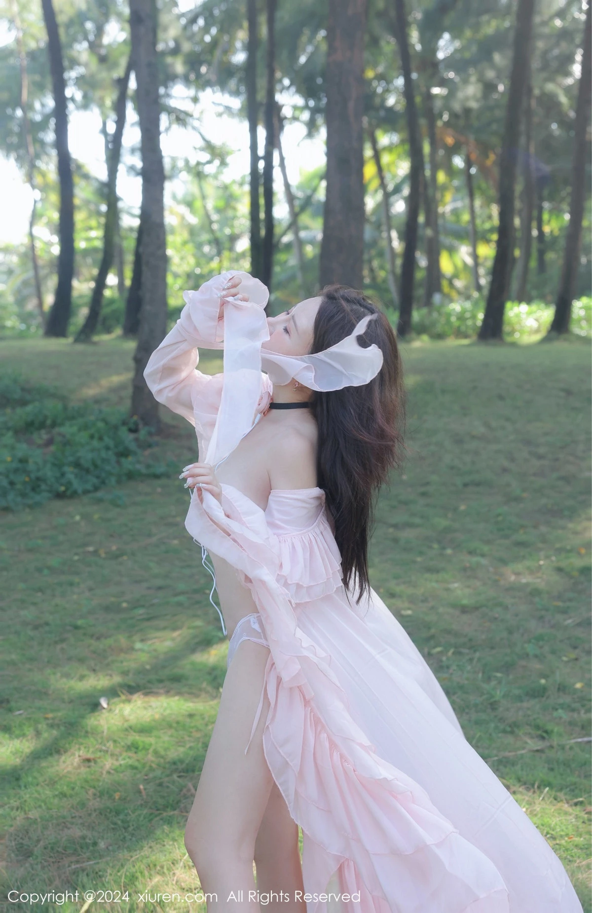 秀人集.com_[XiuRen秀人网]No.8007_模特小薯条nienie户外性感粉色薄纱长裙半脱秀惹火身材诱惑写真59P