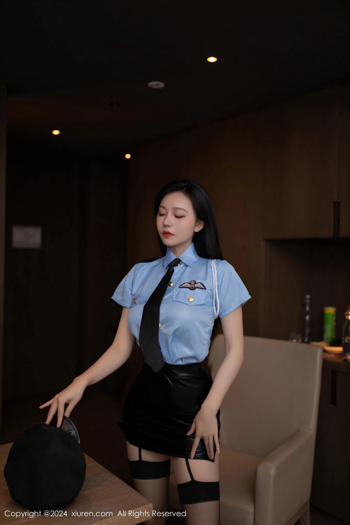 秀人集.com_[XiuRen秀人网]No.8681_模特安然anran性感蓝色制服露黑色内衣配黑丝吊袜撩人诱惑写真80P