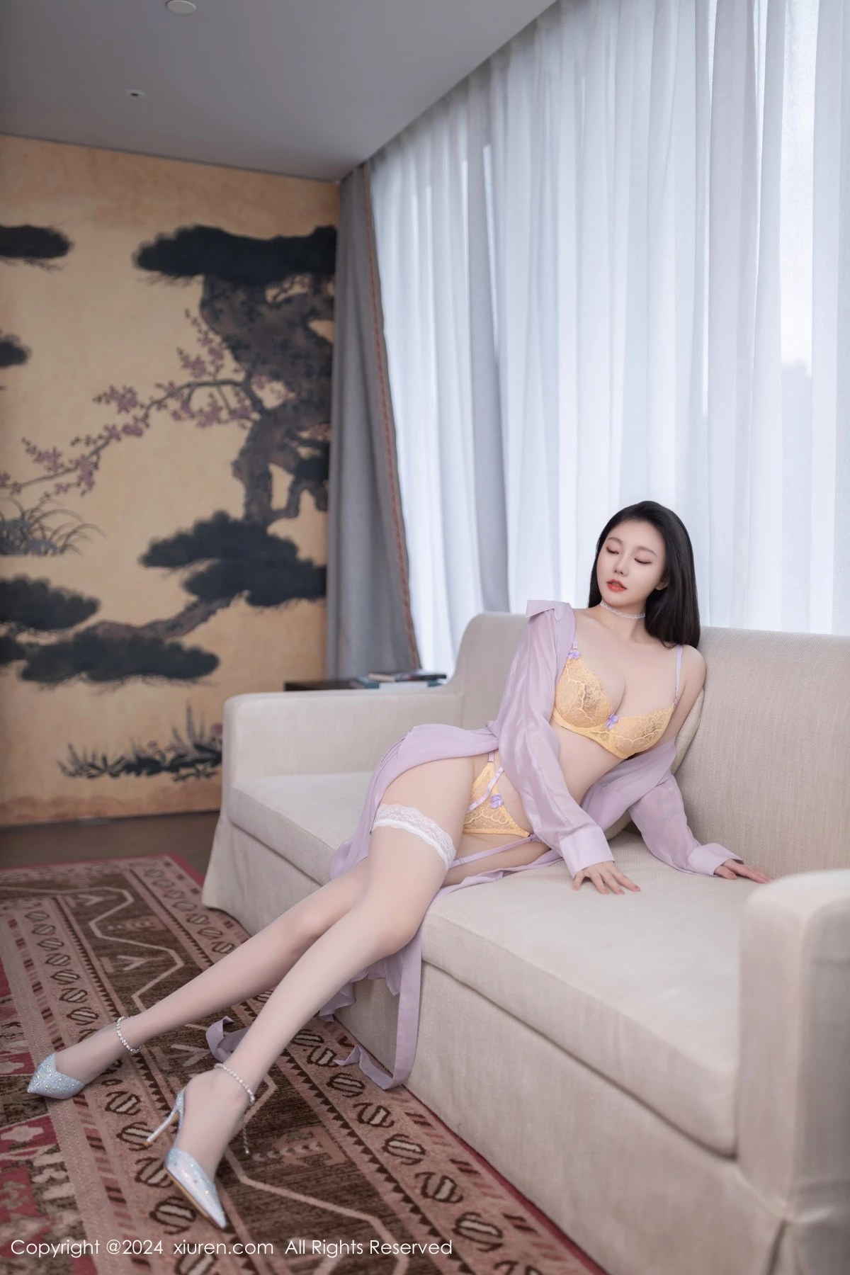 秀人集.com_[XiuRen秀人网]No.9009_模特安然anran性感黄色蕾丝内衣配白丝吊袜秀完美身材诱惑写真80P